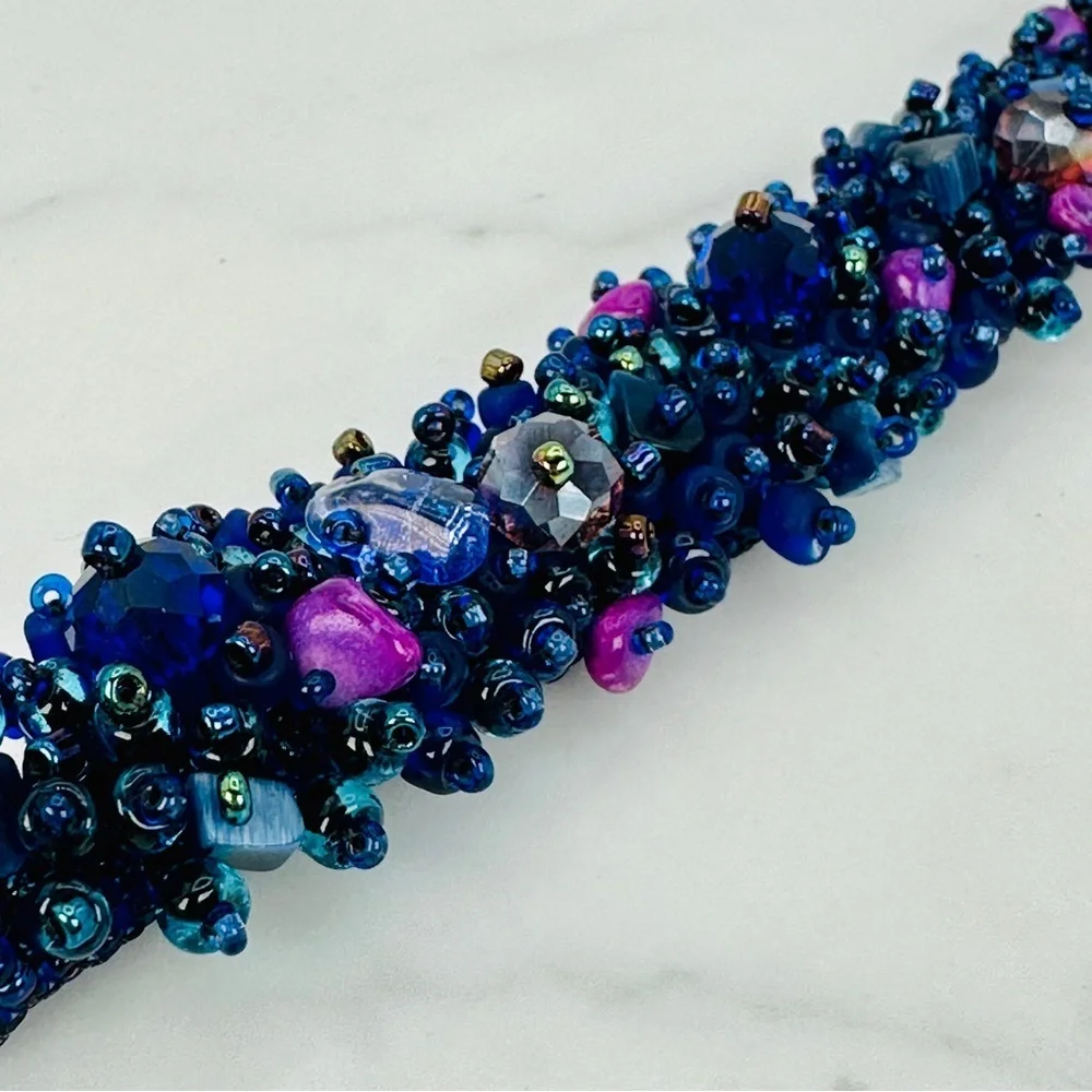 Purple and Blue Handmade Glass Bead Bracelet With Natural Stones Bead Stew 7”